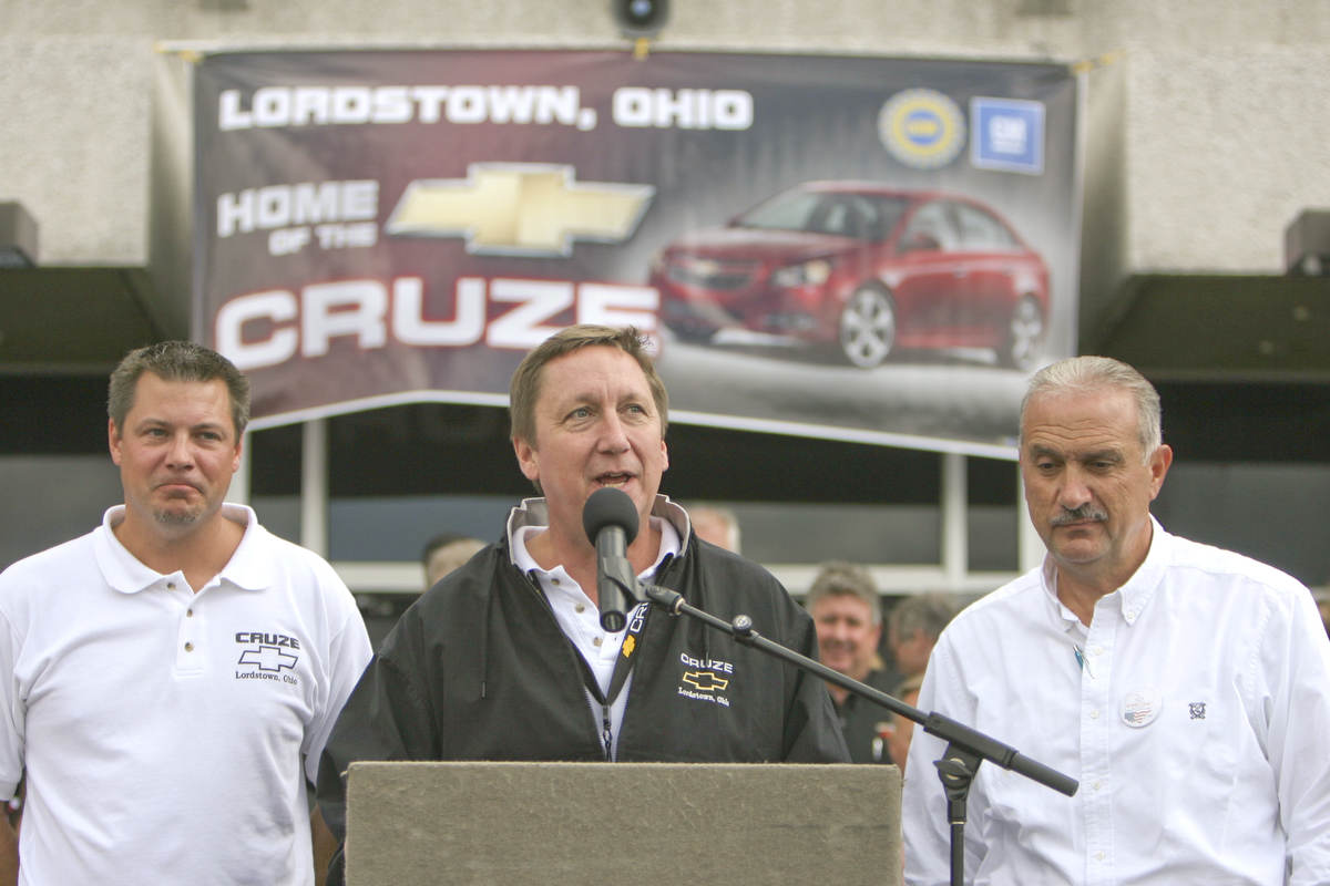 ROBERT K. YOSAY | THE VINDICATOR..Dave Green - Mark Reuss - and Jim Graham GM Lordstown  Kicked Off the Chevy Cruze today at the Lordstown Plant  with the President of GM - Tim Ryan - The Boardman Band and a slew of elected officials -..-30-..