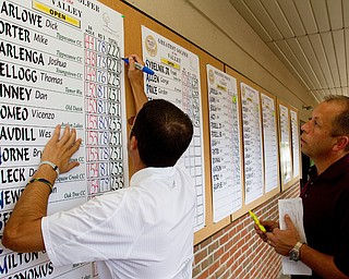 Geoffrey Hauschild|The Vindicator
Chris Bellino and Don Confoey tally up the final scores at The Lake Club following the conclusion of the open Greatest Golfer in the Valley tourney.