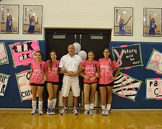 Poland High School Volleyball Seniors. Rachel Kalafut, Krystal Kalafut, Coach Fred Smith, Amanda Molasky, Jenna Sliwinski