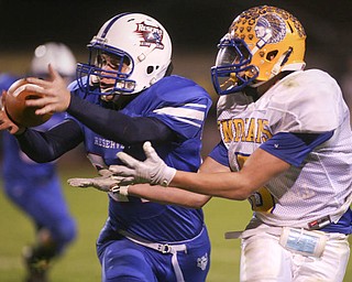 ROBERT K. YOSAY | THE VINDICATOR..almost an interception as #21 Ed Newhouse tries to intercept a pass bound for Indians #5 Michael Hipsley - both dropped the ball during second quarter - Western Reserve Blue Devils vs Southern Local Indians at Western Reserve Stadium ..-30-..