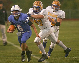 ROBERT K. YOSAY | THE VINDICATOR.. Shovin him out of bounds is Indians #47 NO NAME - Western Reserve Blue Devils vs Southern Local Indians at Western Reserve Stadium ..-30-..