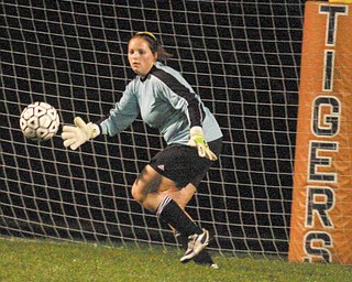 Goalie Ayla McGath of Crestview makes a save Monday night in New Middletown.