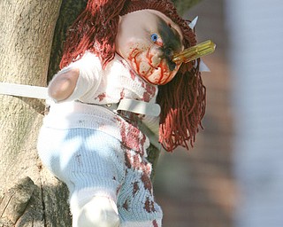 ROBERT K. YOSAY | THE VINDICATOR..After Death Day Care halloween display -  606 Niles Road, Niles--Spray painted baby dolls hanging from trees, cribs etc. very gory and offensive, a resident says.  City hall cannot do anything about it.  Homeowner spoke to Cohen on Monday.....  --30-..