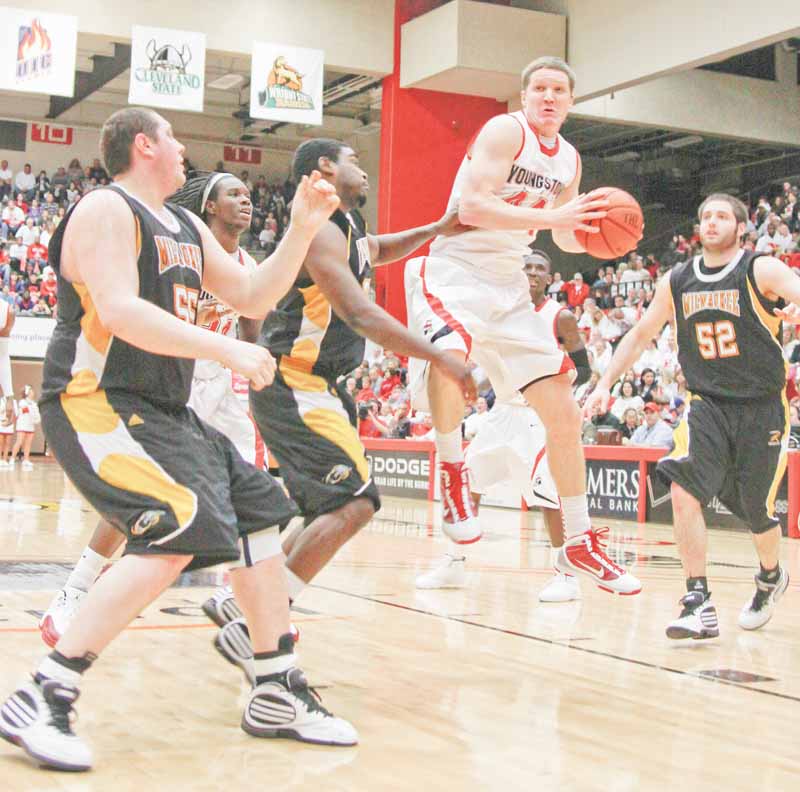 Vytas Sulskis (44) grabs a rebound during a game against Milwaukee on Jan. 24. Sulskis is one of just three returning players for the Youngstown State men’s basketball team this season.