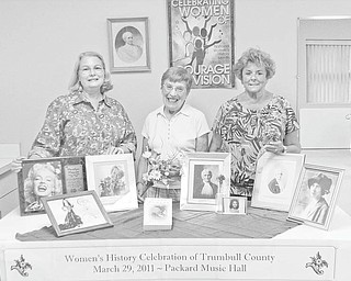 History month celebration: Trumbull County Women’s History Committee is planning a banquet for March 29, 2011, at Packard Music Hall to celebrate the 25th anniversary of Women’s History Month. “Our History, Our Strength” has been chosen as the theme for the event. To prepare for the celebration, the committee and Trumbull County Woman Magazine are asking all women’s organizations in the county to submit historical information. The information will be collected and included in the banquet program and in stories in the magazine. Displaying some of the historic memorabilia they have collected are, from left, Cynde Kennedy, Ann Penman and Theresa E. Salcone, members of the planning committee. For more information about the dinner or how to submit the information, contact E. Carol Maxwell at 330-360-0901 or by e-mail at maxec226@gmail.com.