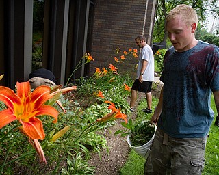 Geoffrey Hauschidl|The Vindicator.6.15.2010.OVTC resident Anthony Sanders works on weeding the outside of the OVTC building on the North Side of Youngstown. Scott Fabry is in the background.