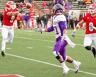 Geoffrey Hauschild|The Vindicator.YSU's Will Shaw (9) intercepts a ball intended for Iowa's Josh Collins (21) and runs it back downfield nearly scoring a touchdown in the second quarter of a game at Stambaugh Stadium on Saturday afternoon.