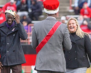 Youngstown's homecoming king, Richard Okello, and queen, Ashley Jones, are crowned during the homecoming halftime show at Stambaugh Stadium on Saturday afternoon.