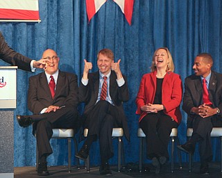 ROBERT K. YOSAY | THE VINDICATOR --..David Betras Party Chairman for the Democratic Party jokes with party faithfuls and those wishing to be elected Tuesday = Eric Brown - Richard Corday- Mary Ellen Oshaugnessy - Kevin Boyce..Former President Bill Clinton visited the Mahoning County Democrats annual breakfast Saturday morning in Youngstown..The former president was stumping for democratic hopefuls in state and congressional races here in Ohio .... -30-(AP Photo/The Vindicator, Robert K. Yosay)
