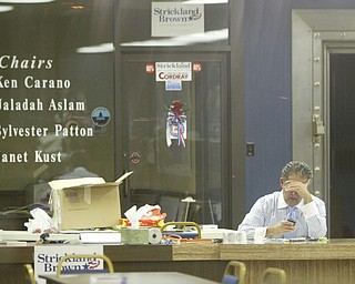 ROBERT K. YOSAY | THE VINDICATOR --.Lonely at the top as Mahoning County Democratic Leader works the phone as results slowly came in -.The November election had many incumbents and levies pass.... -30-..(AP Photo/The Vindicator, Robert K. Yosay)