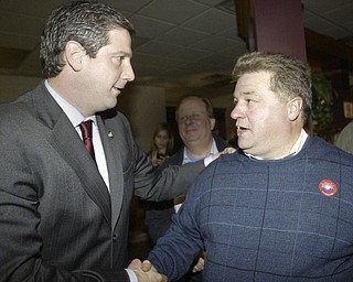 William D Lewis The Vindicator Tim ryan shakes hands with Dan Polivka, Trumbull Democratic Party Chrm during an election night party at Enzos in Warre.