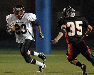 Campbell's Gabriel Smith (23) returns a punt against Manchester on Friday night at Ravenna High School Stadium.
