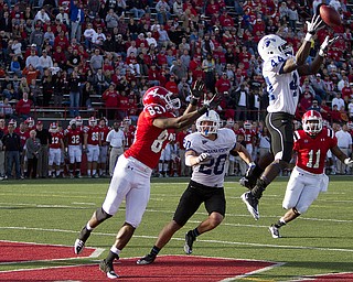 Geoffrey Hauschild|The Vindicator.Indiana State's Larry King (44) intercepts a pass intended for YSU's Andre Barboza (83) in Youngstown's endzone during the fourth quarter of a game at YSU's Stambaugh Stadium on Saturday afternoon. (Indiana State #20: Dillon Painter) (YSU's #11: Kevin Watts)