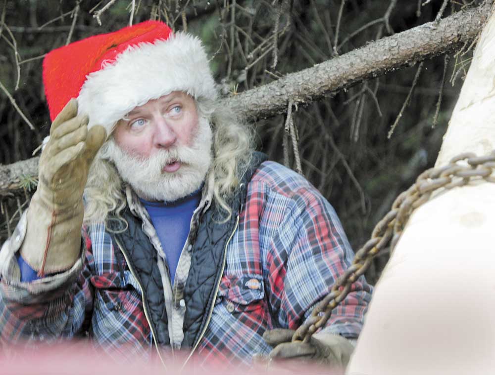 Marty Martin, an employee of Diamond Steel Construction Co., secures the blue spruce onto a flatbed to be hauled away. Martin has been involved in the cutting and transporting of Youngstown’s Christmas tree for 28 years and dons a Santa hat each time.