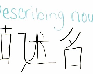 Throughout Girard Junior/Senior High School, signs in Chinese named a teacher and subject as part of a welcome gesture for its Chinese visitor, Deng, Zhongqing. This group of Chinese letters is on describing nouns.