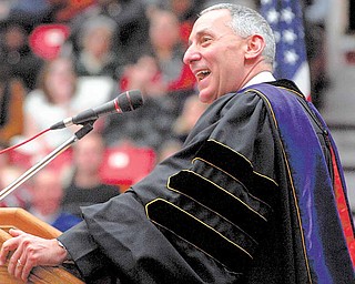 Eric D. Fingerhut, Chancellor of the Ohio Board of Regents, speaks to Youngstown State University graduates on many topics including the history and excellence of Ohio’s educational system to finding employment in uncertain times. Fingerhut received an honorary degree, joining more than 700 students in Sunday’s commencement in Beeghly Center.