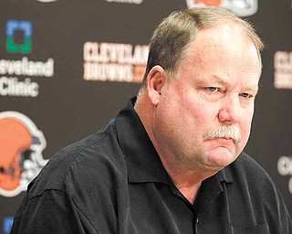 Cleveland Browns president Mike Holmgren talks to the media hours after the team fired head coach Eric Mangini, at the Browns' training facility in Cleveland on Monday, Jan. 3, 2011.