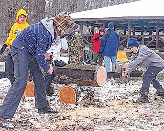 Boy Scouts, from left, Matthew Osiniak and Kyriakos Theophanous of Troop 46 in Boardman work the two-man saw Saturday afternoon during the Klondike Derby at Camp Stambaugh.