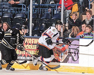 Jiri Sekac #92 of the Phantoms handles the puck on a power play against Muskegon.