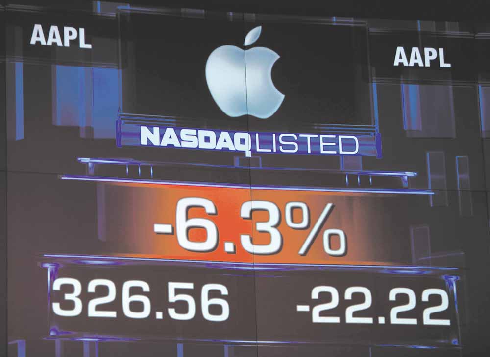 Apple stock numbers are displayed at NASDAQ in New York, Tuesday, Jan. 18, 2011. Stocks are opening mixed as Wall Street weighs another round of corporate earnings reports. Apple's stock is dragging the technology-heavy Nasdaq lower.