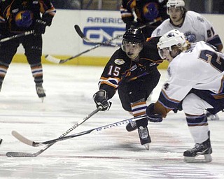 The Phantoms' Stephen Collins and Indiana's Tim Smith go for the puck Wednesday morning at the Covelli Center.