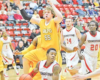 YSU Penguin Kendrick Perry fakes Valparaiso Crusader Kevin Van Wijk.