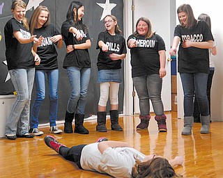 Senior Boardman Middle School PANDA club members preform a skit on the effects of drugs and alcohol use and poor decision making skills during a lock-In educational event Friday evening at Boardman Center Middle School.
