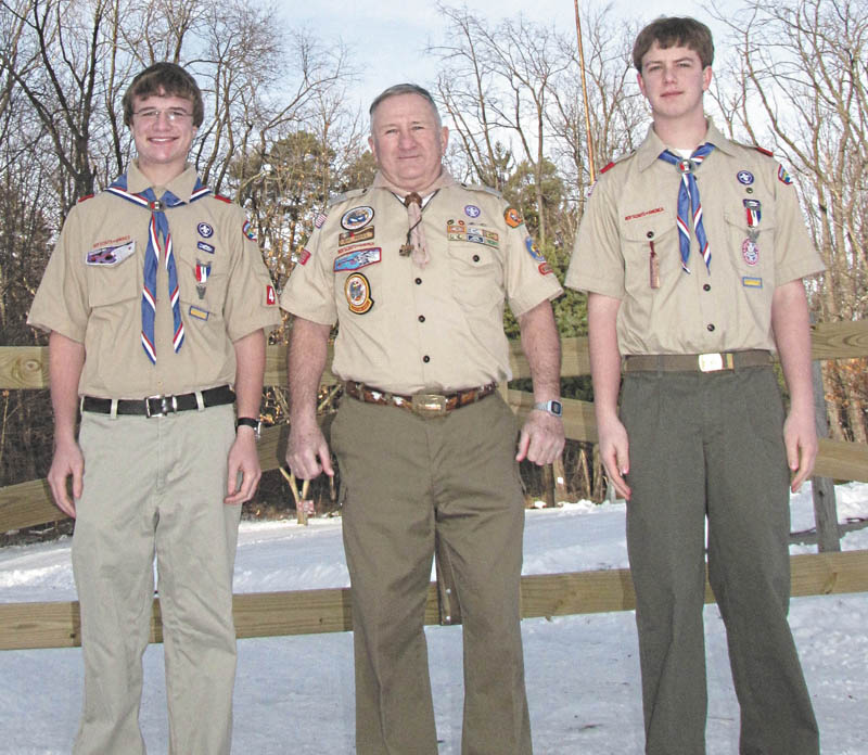 Flanked by, from left, Eagle Scout Joseph Belgrade and Eagle Scout Taylor Marconi is retired Lt. Col. William Moss, who will be one of the honored guests at the sixth annual “Celebration of Scouting” breakfast at the Holiday Inn, Boardman. 