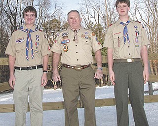 Flanked by, from left, Eagle Scout Joseph Belgrade and Eagle Scout Taylor Marconi is retired Lt. Col. William Moss, who will be one of the honored guests at the sixth annual “Celebration of Scouting” breakfast at the Holiday Inn, Boardman.