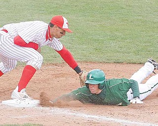 YSU - Brett Botsford beats the tag of Jeremy Banks of YSU during their game Sunday afternoon. - Special to The Vindicator/Nick Mays