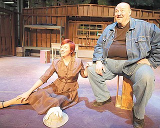 Molly Makselan (Curly's Wife) and TIm Phillips (Lenny) rehearse a scene from the Youngstown Playhouse's production of 'Of Mice and Men,' running February 18th through the 27th.