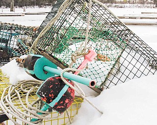 In this Feb. 16, 2011 photo, snow covered lobster traps and gear are seen on a dock in Freeport,  Maine.  A lawmaker has introduced a bill this legislative session that makes it legal for traps to be stored on wharfs year round.
