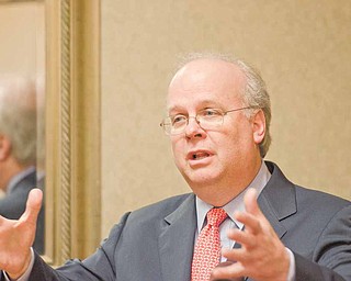 Republican political strategist Karl Rove speaks to the press and about 50 others at a private reception at Ciminero’s Banquet Centre in Niles before his Tuesday appearance at the Mahoning Valley McKinley Club’s annual dinner at McKinley Memorial Auditorium.