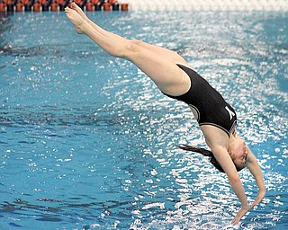 Youngstown State sophomore diver Casey Hill prepares to enter the water as she dives from a platform during a swim meet. Hill and her Penguins teammates will participate in the Horizon League championship meet, which begins today and lasts until Saturday. Hill will compete in the 1- and 3-meter diving competitions.
