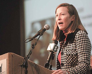 Kathryn Klaber, executive director of the Marcellus Shale Coalition, discusses the Mahoning Valley's role as a producer of natural gas from the Marcellus Shale geological formation at the Regional Chamber breakfast at the Marionite center.