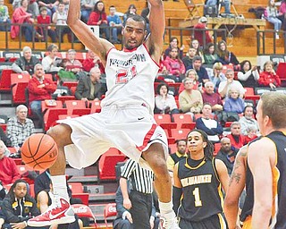 Youngstown State's Damian Eargle (21) dunks and scores against Milwaukee at the YSU Beeghly Center Saturday afternoon.