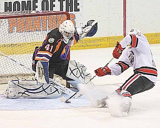 Phantoms Goalie Jordan Tibbett (41) stops Tucker Brockett (10) from scoring during their game Sunday afternoon in Youngstown.