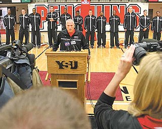 Jerry Slocum addresses the media during Youngstown State’s preseason press conference. Despite a 20-loss season, Slocum will be retained for the final year of his contract by the university.