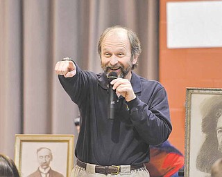 Ray Novotny, Mill Creek MetroParks naturalist, speaks to Volney Rogers Middle School gifted students on the school’s namesake and the park district’s founder, Volney Rogers.