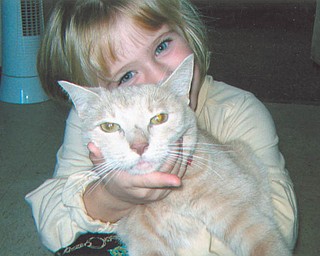 Giving her kitty, Bella Butt my Darling, a little help with her smile is Grace Katherine, daughter of Bethany Paulin of New Middletown.