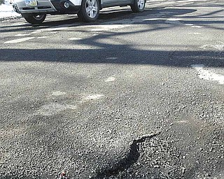Lyon Boulevard, a county road in Poland Township, is riddled with potholes. The Mahoning County Engineer’s Office plans to improve the road this summer.