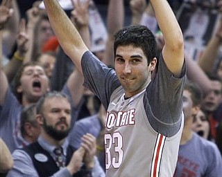Ohio State's Jon Diebler celebrates after Ohio State defeated Wisconsin 93-65 in an NCAA college basketball game Sunday, March 6, 2011, in Columbus, Ohio. (AP Photo/Jay LaPrete)