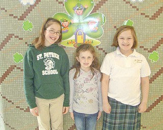 Students at St. Patrick School in Hubbard continued this year to help children with cancer when the school participated in the Math-a-Thon for St. Jude Children’s Hospital. This year the school raised $1,162. The school has participated in the Math-a-Thon for more than 20 years and raised more than $46,000 for the hospital. The top three fundraisers this year are, from left to right, Marie Bond, second place; Alexa Lindholm, first place; and Corrine Lehman, third place.