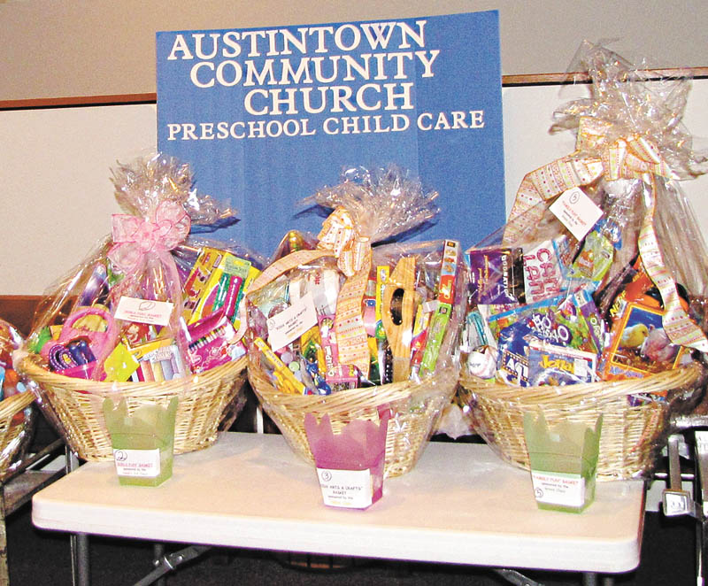 The luck of the draw: A highlight of the annual trash and treasure sale today at Austintown Community Church Preschool Childcare Center will be a raffle for a variety of gift-filled baskets. The sale will be from 9 a.m. to 1 p.m. at the church, 242 S. Canfield-Niles Road, Austintown, where the raffle drawings will begin at 12:45 p.m. Snacks, light luncheon items and beverages will be available for purchase, and proceeds from the event will go toward the purchase of developmentally appropriate classroom educational materials.