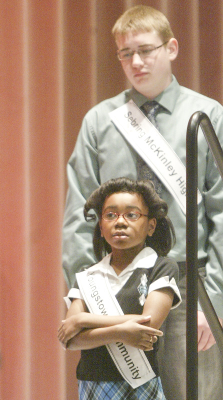 William D. Lewis The Vindicator Victoria Jones-Burney , Youngstown Community School and Christopher Clemmens of Sebring McKinley wait to compete in in Vindicator Spelling bee Saturay.
