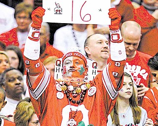Ohio State fan Jon "Big Nut" Peters celebrates the Buckeyes' 98-66 win over George Mason in an East regional NCAA college basketball tournament third-round game Sunday, March 20, 2011, in Cleveland. Ohio State advanced to the Sweet 16. 
