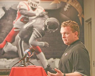 Penguins coach Eric Wolford talks with the media on the eve of his second season of spring football season