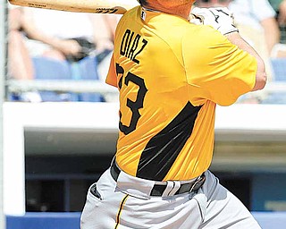 FILE - This March 3, 2011, file photo shows Pittsburgh Pirates' Matt Diaz at bat during a spring training baseball game against the Toronto Blue Jays, in Dunedin, Fla. On a club full of young guys, Lyle Overbay, Diaz and a few other Pirates show there's still room for old Bucs.