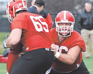 Youngstown's Mark Pratt (76) does a drill with teammate Stephen Page during the first practice of the spring Wednesday afternoon at Stambaugh Stadium.
