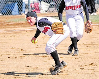 Youngstown State’s third baseman Samantha Snodgrass (6) looks to first base to make a throw during a game
Saturday against Loyola at McCune Park in Canfield. The Penguins opened their season at home with a
doubleheader against the Ramblers, who won both contests.